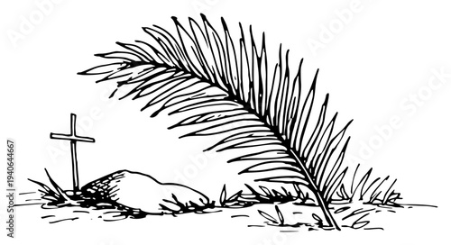 Hand drawn vector illustration of a palm branch and a small cross in line art style