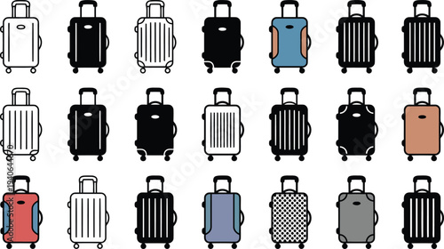 Collection of diverse wheeled luggage bags and suitcases for travel and holidays presented on a white background