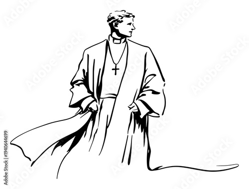 Hand drawn vector illustration of a priest wearing traditional cassock and a cross necklace