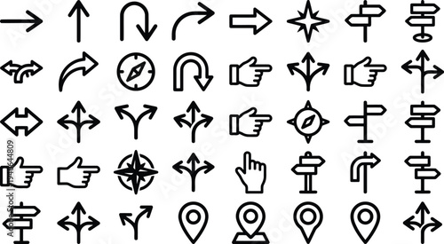 Collection of navigation icons including arrows compasses signposts and location pins isolated on transparent background