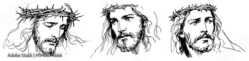 Collection of three detailed portraits of Jesus Christ with crown of thorns in sketch style