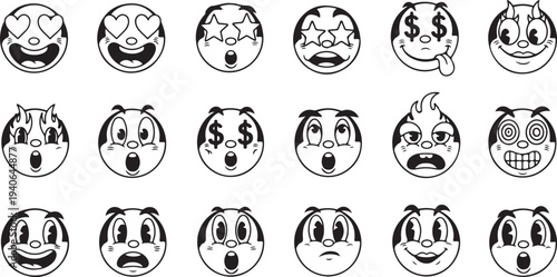 Retro Rubber Hose Style Cartoon Face Icons and Character Expressions Set