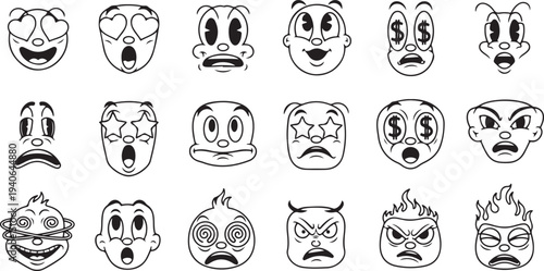 Set of Retro Vintage Cartoon Character Faces and Expressions in Rubber Hose Style