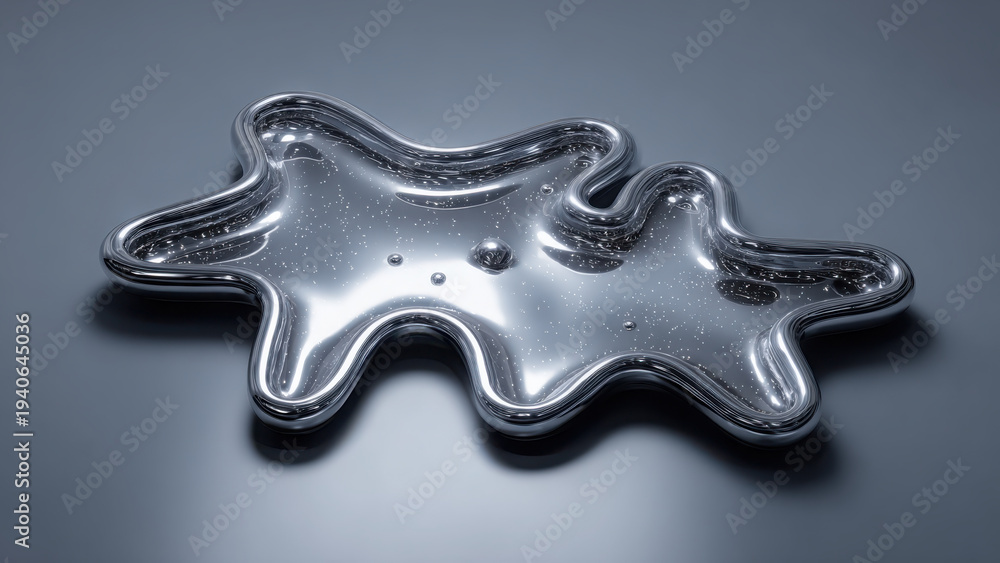 Obraz premium A reflective, silver, amorphous liquid-like form with sparkling particles rests on a smooth grey background.