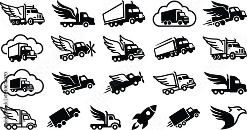 Collection of stylized truck icons with wings symbolizing fast and efficient delivery services