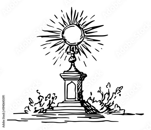 Vector illustration of a catholic monstrance with eucharist on an altar in hand drawn line art style