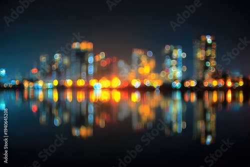 Abstract blurred city lights reflecting on water at night.