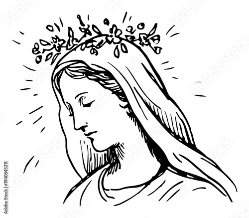 Artistic vector drawing of Virgin Mary with flower crown and halo in minimalist line art style
