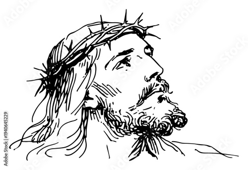 Hand drawn vector illustration of Jesus Christ wearing crown of thorns in line art style