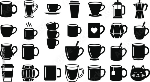 Collection of various black coffee and tea mugs and cups isolated on a white background