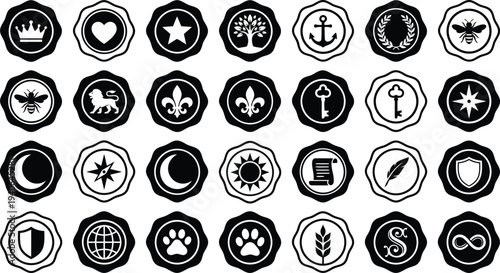 Collection of various circular crests and emblems with different symbols on a transparent background