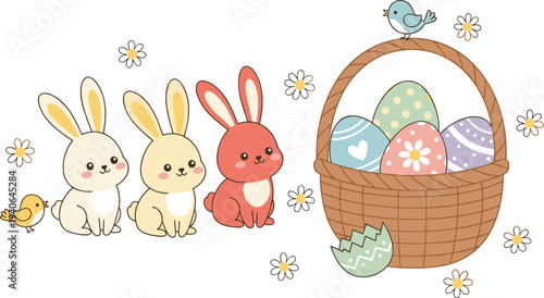 Three charming Easter bunnies and a chick with decorated eggs in a basket with a bird on top.