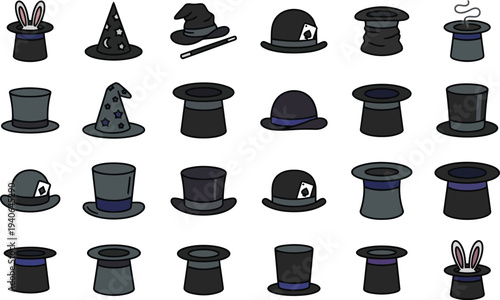 Collection of various cartoon magic hats and magician accessories depicted in flat design style