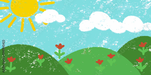 A cheerful crayon drawing depicts a sunny day with hills and flowers