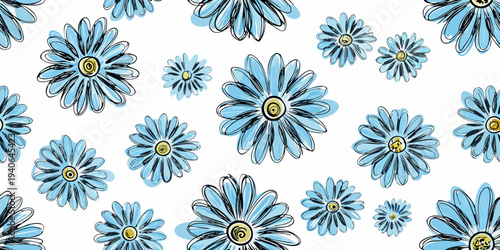 Stylized blue flowers in a seamless repeating pattern on white