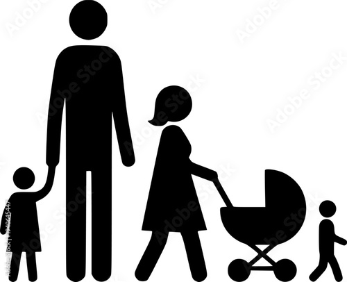 Solid black silhouettes of a family walking, father pushing a baby stroller and mother holding child's hand, minimalist parenthood vector illustration.