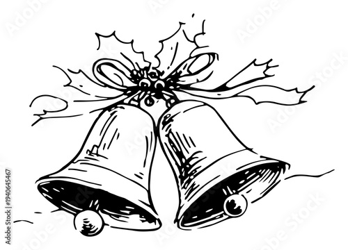 Hand drawn sketch of two christmas bells with ribbon and holly leaves