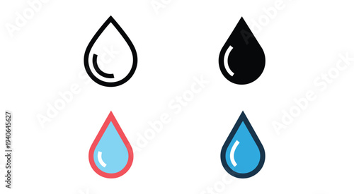 Colorful Water Droplet Icon Set, Stylized Liquid Drops With Shading And Gradient Effects, Decorative Fresh Water Symbols For Eco, Beverage, And Hygiene Concepts, Clean Vector Illustration Isolated On.