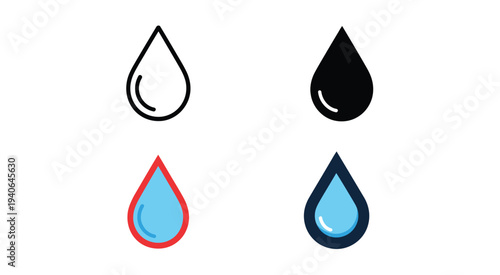 Four Stylized Water Droplets With Different Color Variations And Shading Effects, Gradient Liquid Drop Icons Collection, Fresh And Vibrant Water Symbol Set, Modern Vector Illustration For Nature, Envi