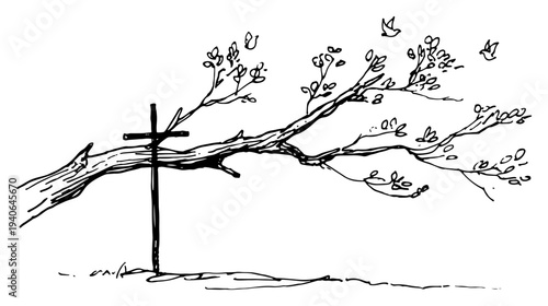 Hand drawn sketch of a wooden cross and a tree branch in spring landscape