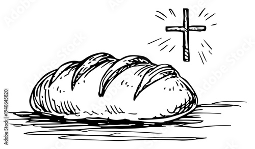 Hand drawn sketch of a bread loaf with a radiant cross