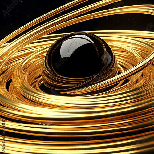 Abstract 3D rendering of a glossy black sphere surrounded by dense horizontal golden metallic rings, futuristic planetary core concept for luxury technology and astronomical art background