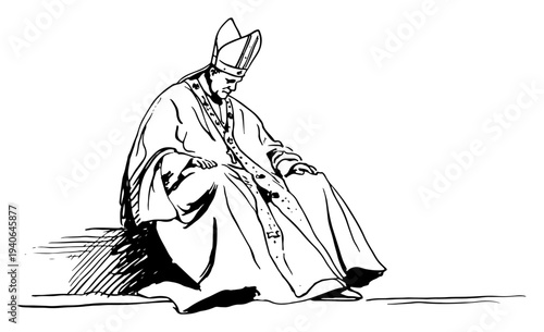 Hand drawn sketch of a sitting pope in traditional robes