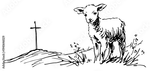 Hand drawn sketch of a lamb standing near a wooden cross