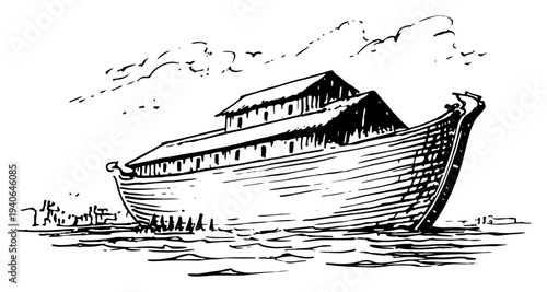 Hand drawn sketch of the biblical Noahs ark floating on water