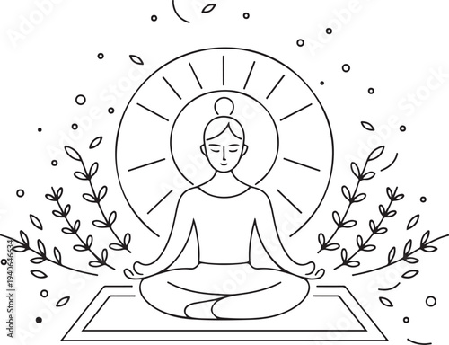 Black line art of a serene woman meditating in lotus position