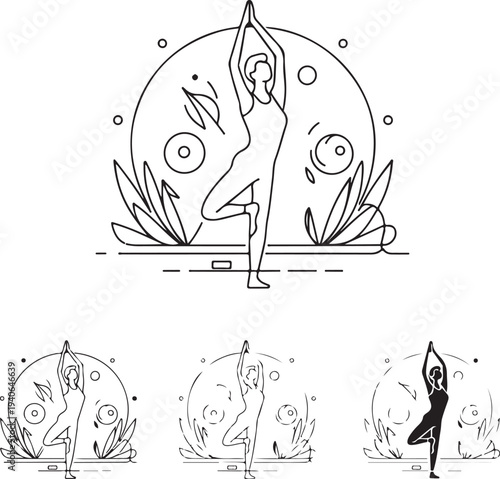 Woman practicing yoga in various poses in front of moon and plants