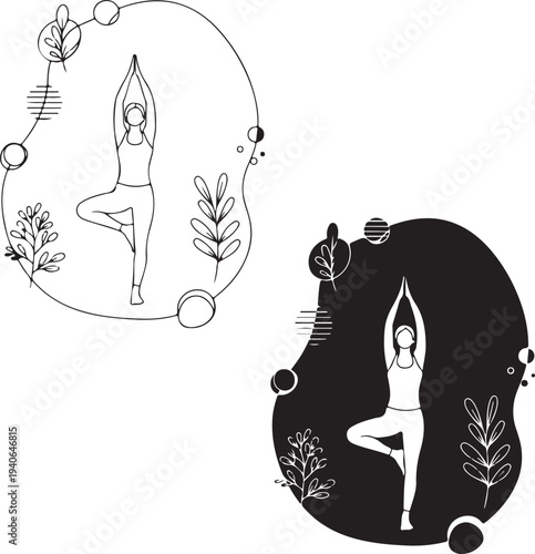 Yoga illustrations with woman in tree pose in black and white