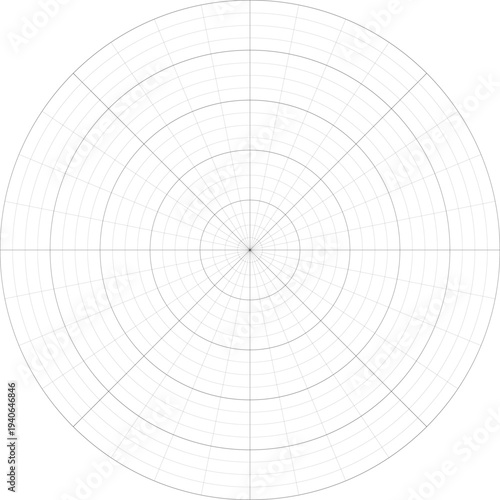 Black line radial grid texture on white background. FUI science round grid backdrop. Math or technological notebook blank circular sheet.