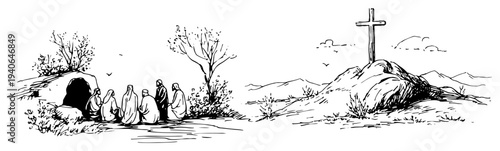 Hand drawn sketch of the holy week landscape with the empty tomb and cross on a hill