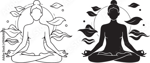 Two meditating figures in lotus position with leaves