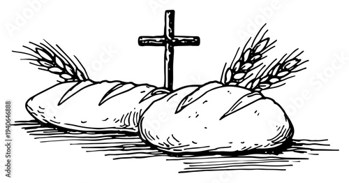 Hand drawn sketch of bread loaves with wheat ears and a christian cross