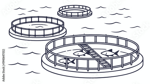 : Marine Aquaculture Fish Farming in Blue Economy Vector.