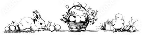 Hand drawn easter composition with rabbit chick basket full of eggs and gift box