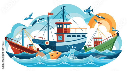 Sustainable Fishing Industry and Marine Resource Management Vector