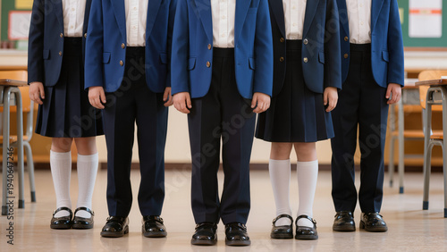 The neutral color palette of navy, grey, and tan creates a neat, disciplined, and cohesive academic aesthetic, professional collection of student uniforms designed for a cohesive academic look.