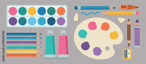 Art Supplies Collection: Watercolor Paints Colored Pencils Palette Tubes Sharpener EraserFlat Design