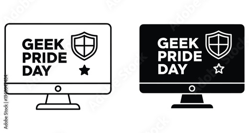 geek pride day computer monitor icon set with shield and star symbols for technology enthusiasts celebrating nerd culture and digital lifestyle