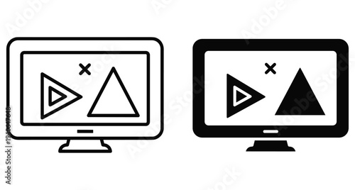 Computer monitor screen displaying geometric shapes triangle and cross icons in outline and solid black vector graphic style set