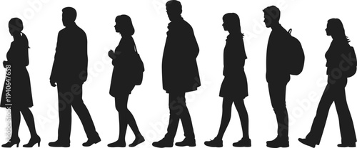 Large Vector Collection of People Silhouettes Featuring Diverse Groups of Business Professionals Families Students and Crowds Standing Walking and Celebrating Isolated on White Background