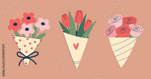 Three Floral Bouquets with Different Flowers and Wrappers on Solid Background