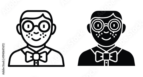 Nerd boy avatar icon set with glasses freckles and bow tie in line and solid black glyph style for web