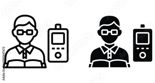 Audiobook player icon set with person reading book and digital device for learning education accessibility technology outline and solid style