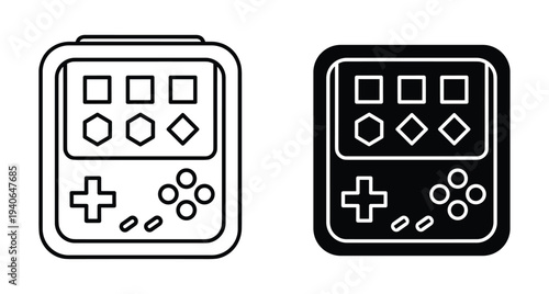 Handheld game console icon set featuring retro portable video game device with buttons screen and directional pad in outline and solid styles