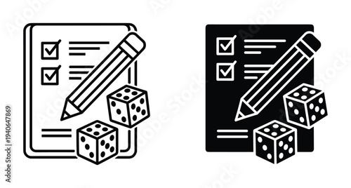 Board game score sheet icon set with pencil and dice for tabletop gaming rules tracking and player statistics management design