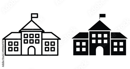 School building icon set featuring outline and solid silhouette styles with flag tower windows for education university or government architecture
